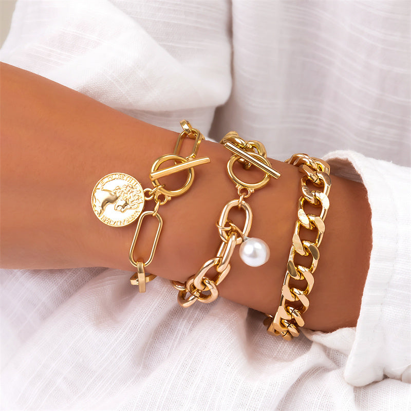 Pulseras de perlas con cadenas de patchwork informales