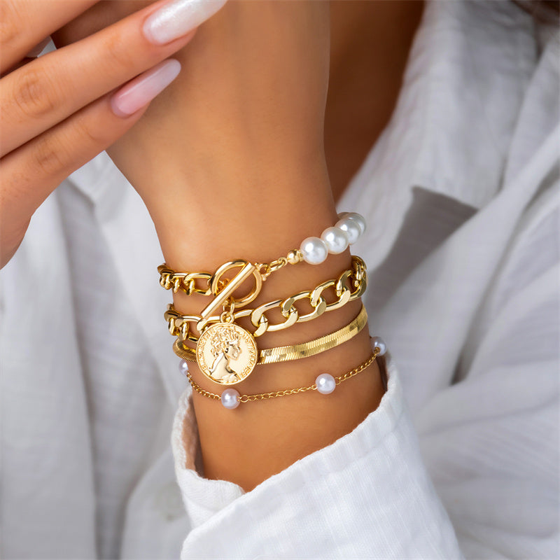 Pulseras de perlas con cadenas de patchwork informales