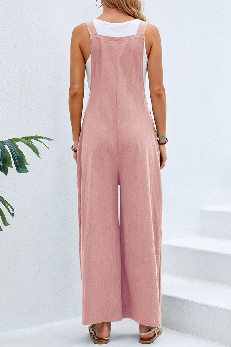Monos holgados informales de vacaciones con botones lisos y cuello cuadrado (10 colores)