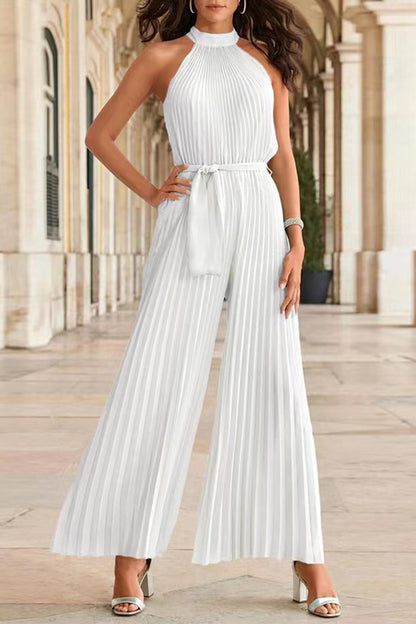 Mono holgado informal sencillo con cuello halter y pliegues de frenillo liso (6 colores)