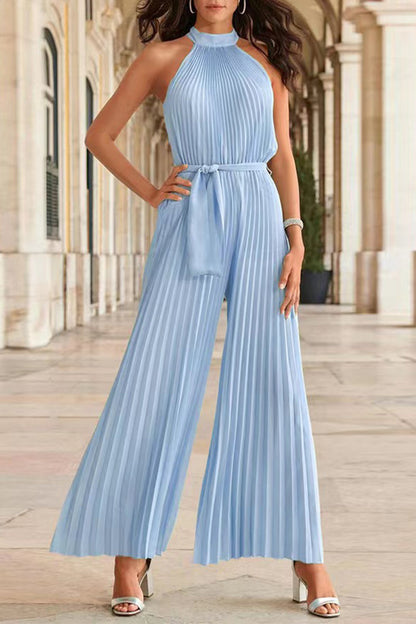 Mono holgado informal sencillo con cuello halter y pliegues de frenillo liso (6 colores)