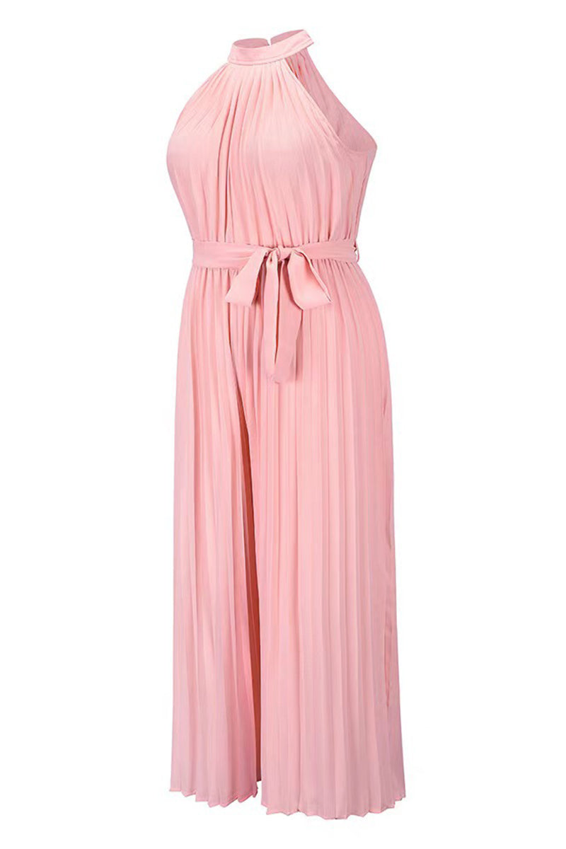 Mono holgado informal sencillo con cuello halter y pliegues de frenillo liso (6 colores)