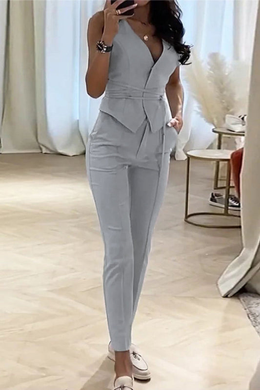 Conjunto de dos piezas sexy de trabajo, liso, con escote en V y sin mangas