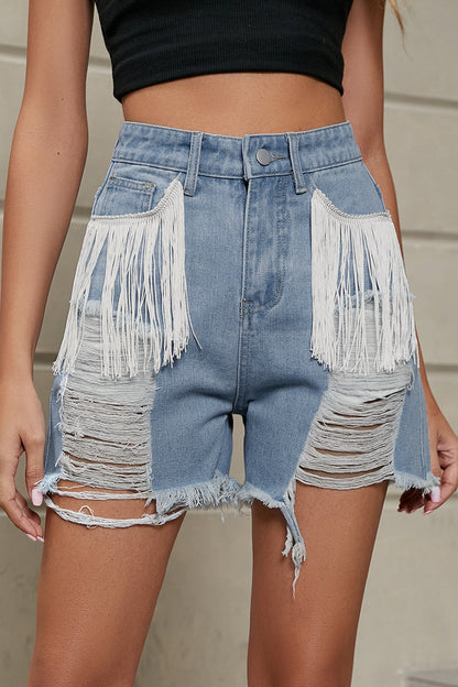 Shorts vaqueros rectos, rasgados y con borlas lisas de estilo informal y sencillo