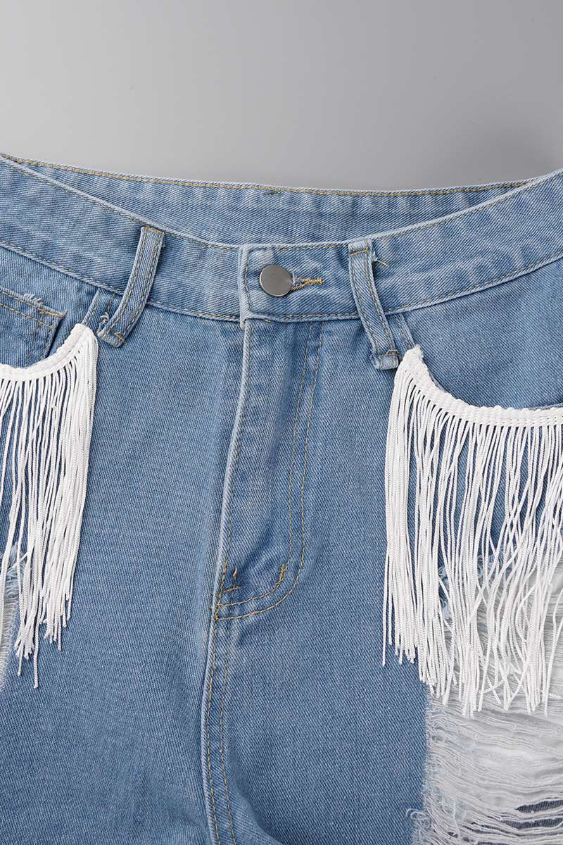 Shorts vaqueros rectos, rasgados y con borlas lisas de estilo informal y sencillo