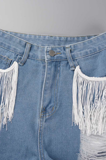 Shorts vaqueros rectos, rasgados y con borlas lisas de estilo informal y sencillo