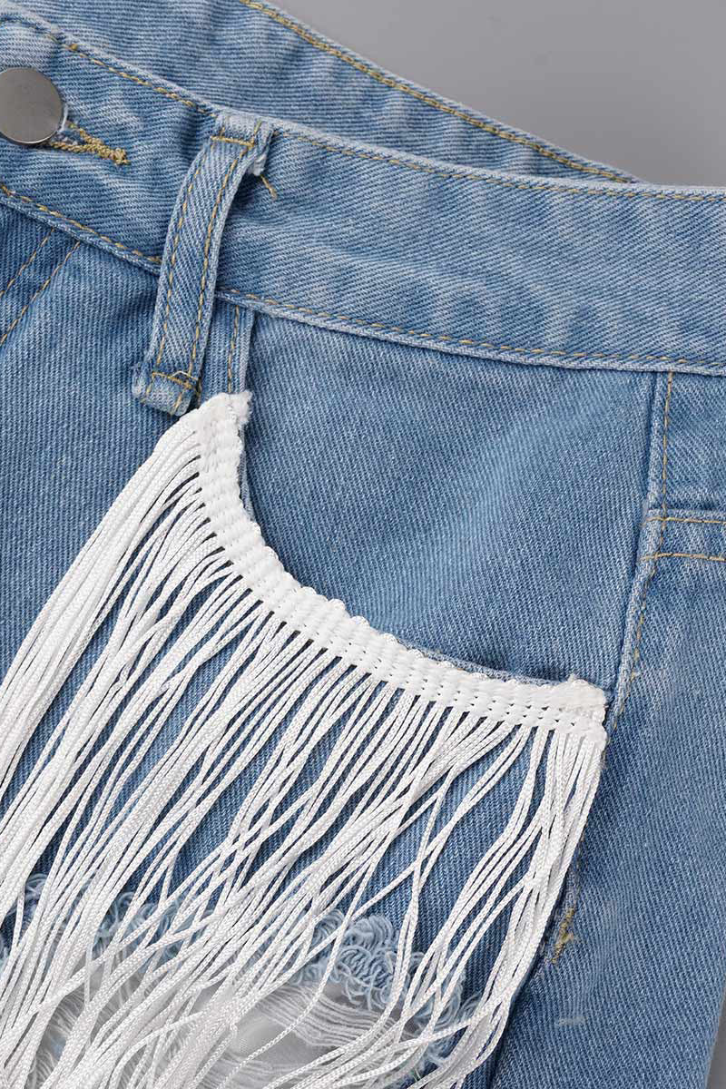 Shorts vaqueros rectos, rasgados y con borlas lisas de estilo informal y sencillo