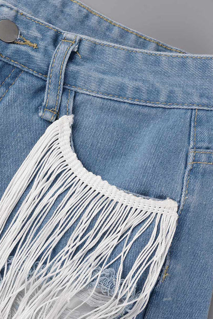 Shorts vaqueros rectos, rasgados y con borlas lisas de estilo informal y sencillo
