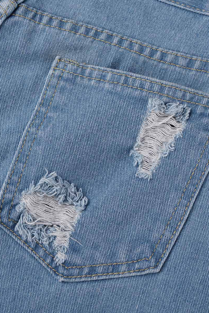 Shorts vaqueros rectos, rasgados y con borlas lisas de estilo informal y sencillo