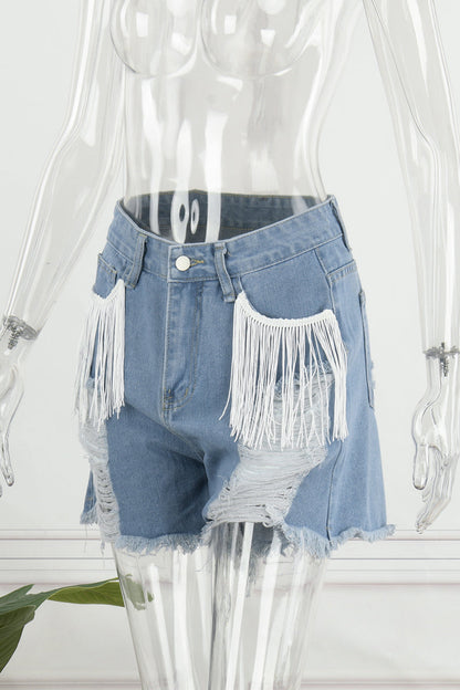 Shorts vaqueros rectos, rasgados y con borlas lisas de estilo informal y sencillo