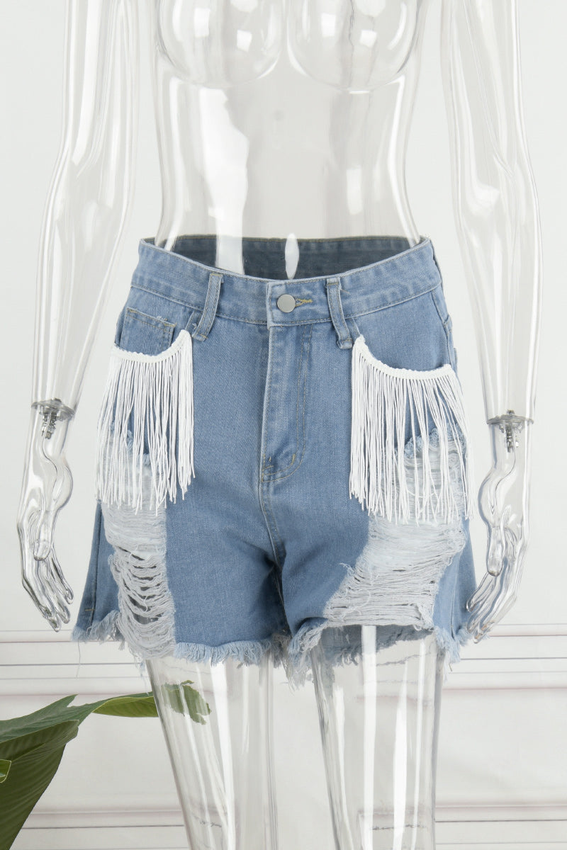 Shorts vaqueros rectos, rasgados y con borlas lisas de estilo informal y sencillo