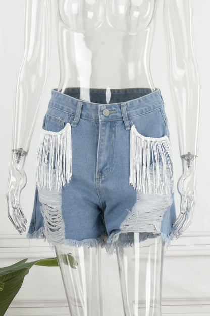 Shorts vaqueros rectos, rasgados y con borlas lisas de estilo informal y sencillo