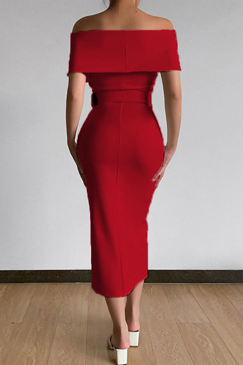 Vestidos sexis elegantes de un solo color con cinturón, escote en V y falda de un solo paso (8 colores)