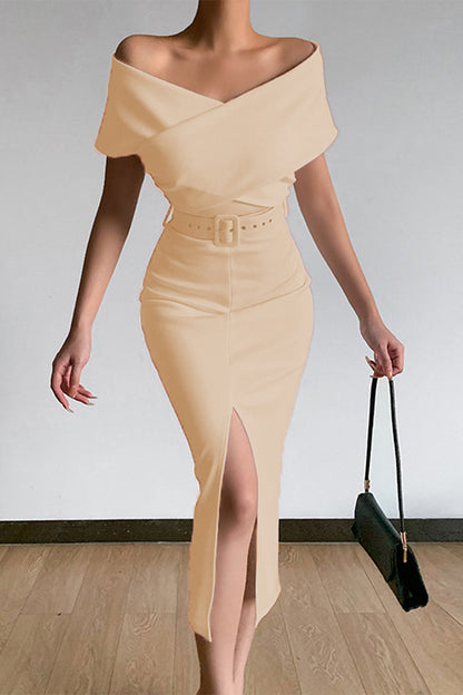 Vestidos sexis elegantes de un solo color con cinturón, escote en V y falda de un solo paso (8 colores)