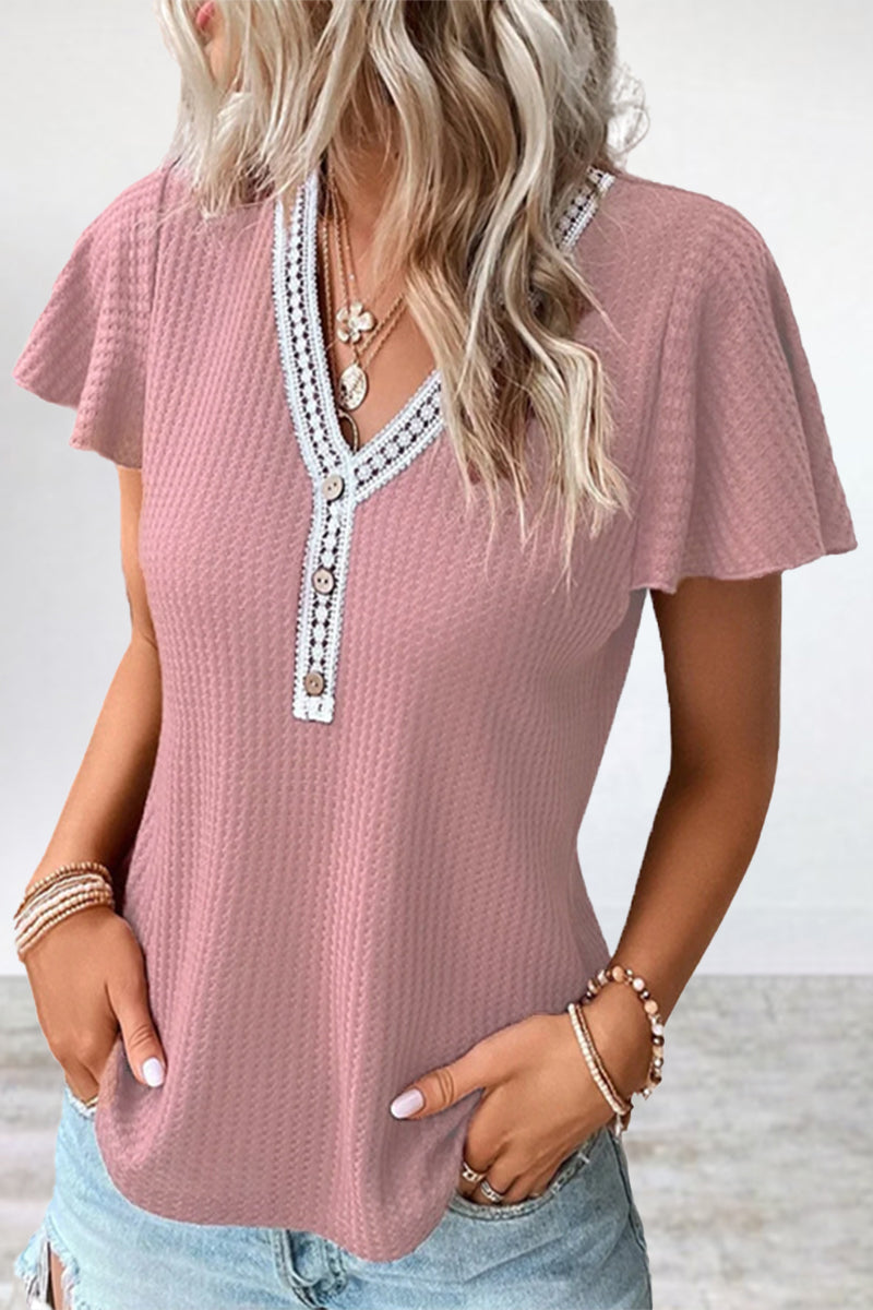 Camisetas casuales de cuello en V con patchwork liso