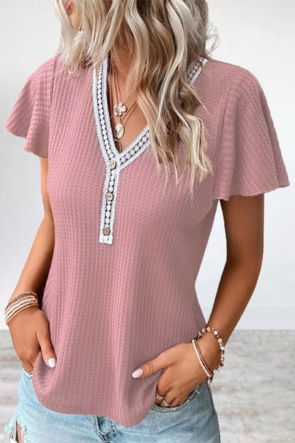 Camisetas casuales de cuello en V con patchwork liso