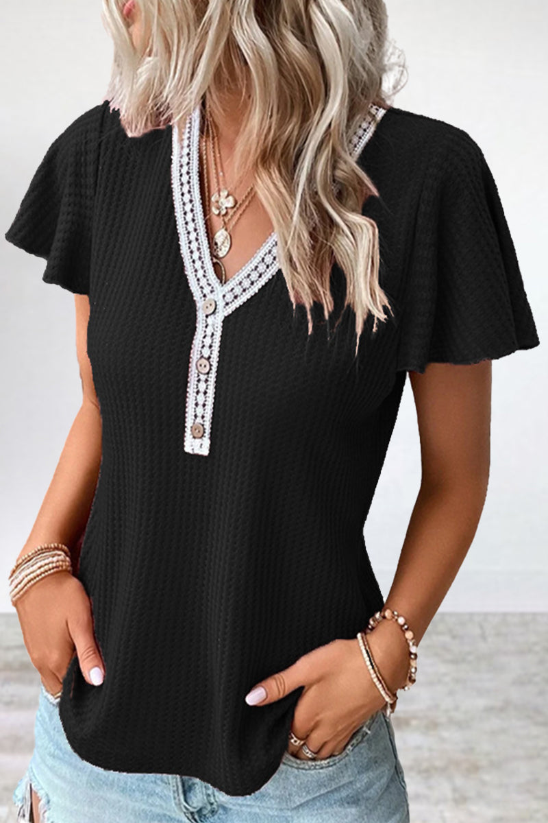 Camisetas casuales de cuello en V con patchwork liso