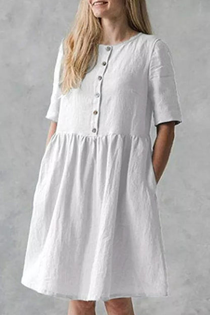 Vestido informal de calle con bolsillos sólidos, hebilla, cuello redondo, corte A, manga corta