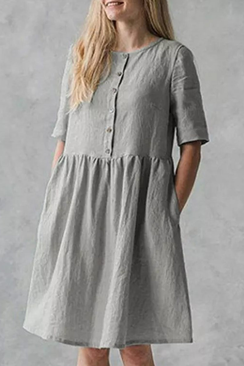Vestido informal de calle con bolsillos sólidos, hebilla, cuello redondo, corte A, manga corta