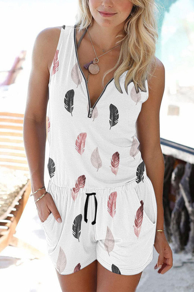 Casual Sportswear Print Pocket Zipper V Neck Loose Jumpsuits(12 Colors)