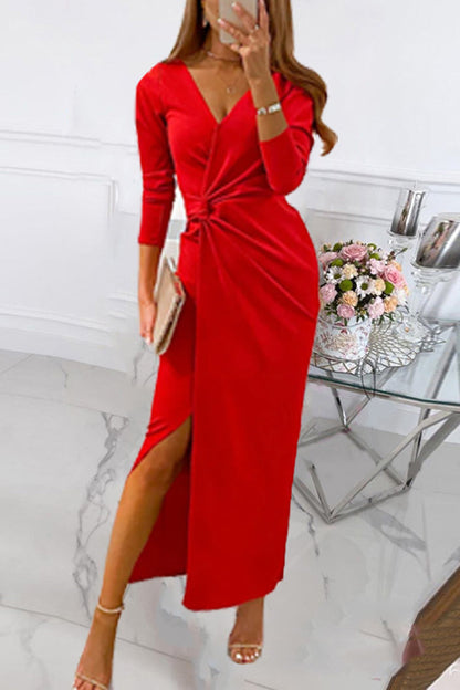 Elegante vestido de noche liso con abertura y escote en V (3 colores)