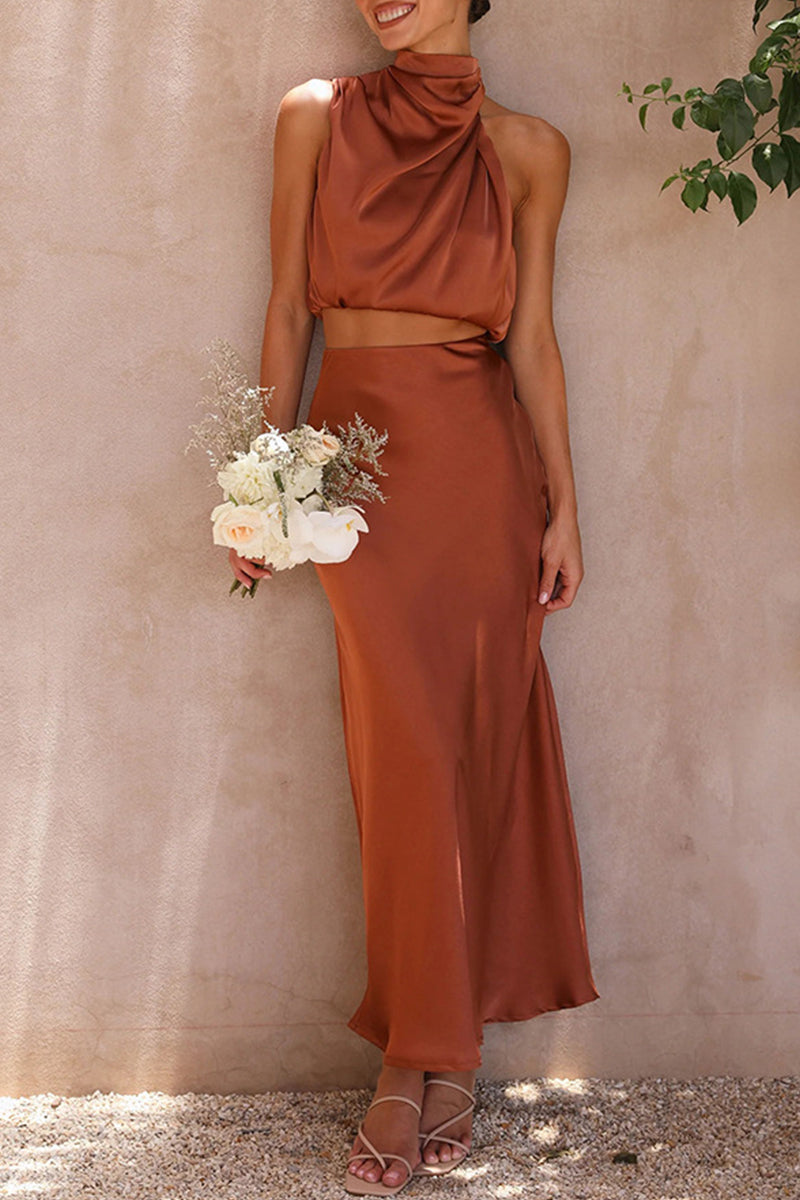 Celebridades Elegante Color Sólido Halter Sin Mangas Dos Piezas