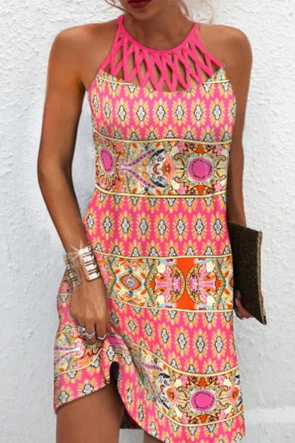 Elegante vestido universitario con estampado de tótem nacional y cuello halter (10 colores)