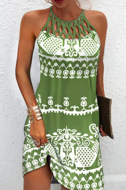 Elegante vestido universitario con estampado de tótem nacional y cuello halter (10 colores)