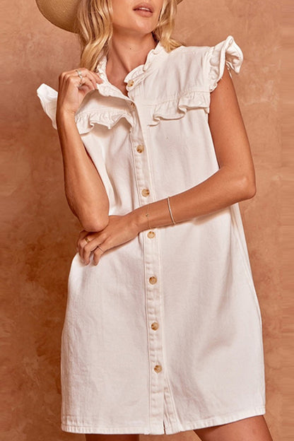 Vestidos vaqueros rectos de manga corta con cuello de hoja de loto y hebilla antigua de estilo informal y diario.