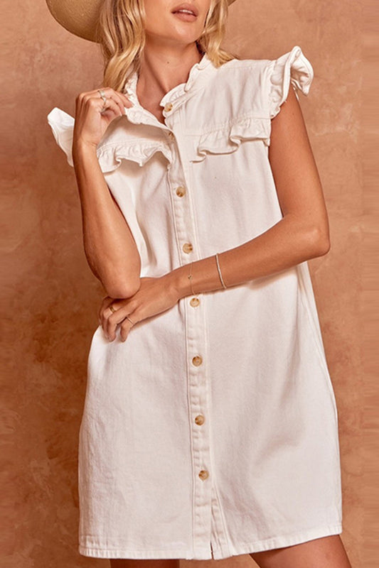 Vestidos vaqueros rectos de manga corta con cuello de hoja de loto y hebilla antigua de estilo informal y diario.