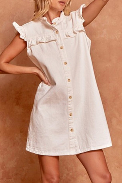 Vestidos vaqueros rectos de manga corta con cuello de hoja de loto y hebilla antigua de estilo informal y diario.