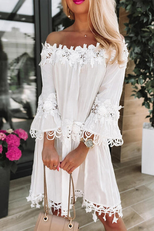 Vestidos elegantes de celebridades con hombros descubiertos, de encaje sólido y patchwork, de corte A