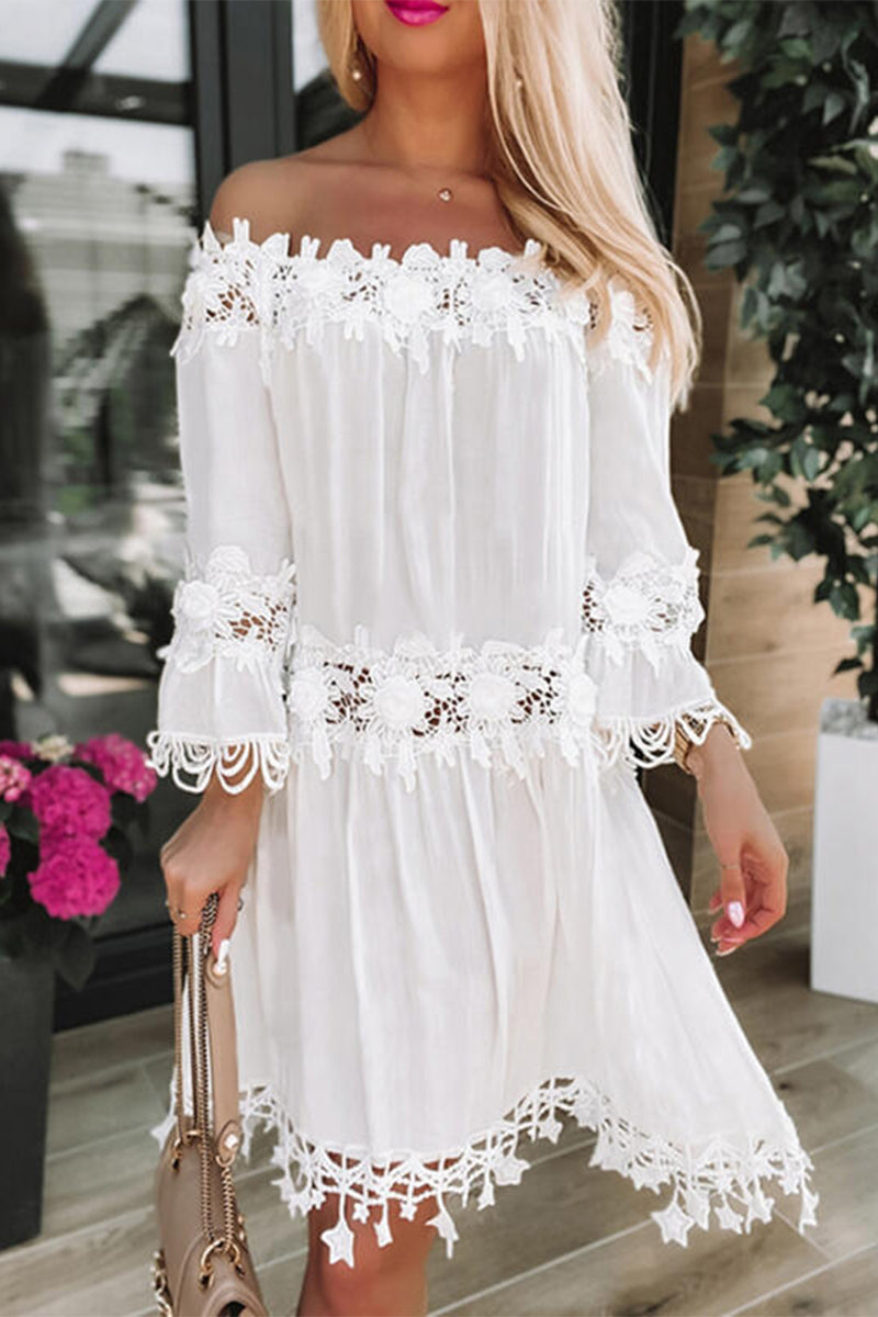 Vestidos elegantes de celebridades con hombros descubiertos, de encaje sólido y patchwork, de corte A