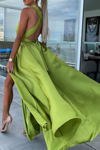 Vestidos casuales de vacaciones con cuello en V y frenillo liso en forma de A