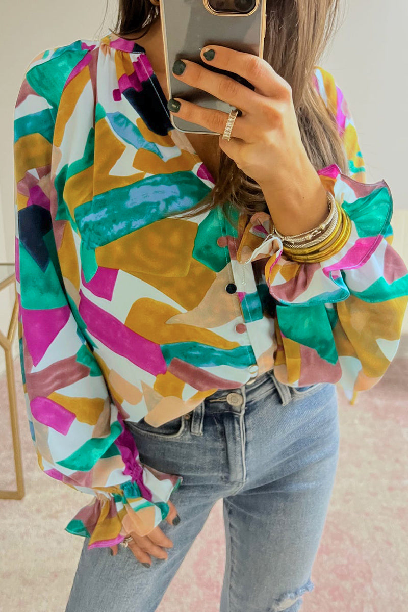 Blusas informales de cuello en V con estampado de patchwork para el trabajo