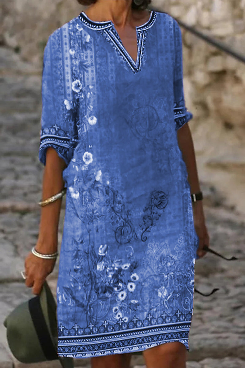 Vestido informal de manga corta con cuello redondo y estampado bohemio (4 colores)