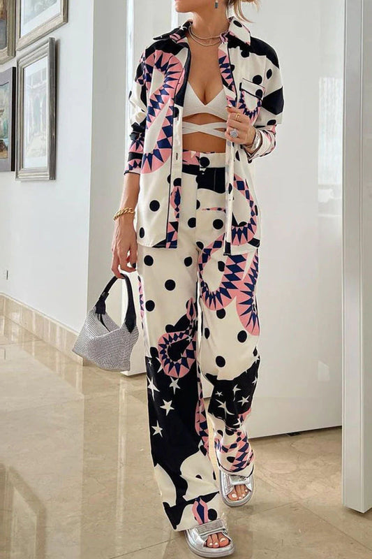 Conjunto de dos piezas con cuello vuelto, manga larga y estampado casual de patchwork