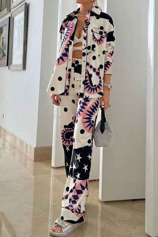Conjunto de dos piezas con cuello vuelto, manga larga y estampado casual de patchwork