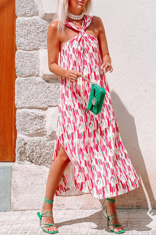 Vestidos casuales de vacaciones con estampado de patchwork y cuello halter en forma de A