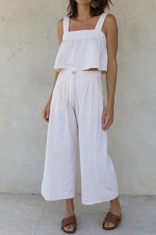 Conjunto informal de dos piezas con botones sólidos, cuello cuadrado y sin mangas