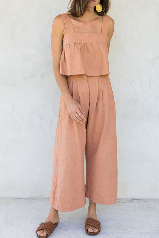 Conjunto informal de dos piezas con botones sólidos, cuello cuadrado y sin mangas