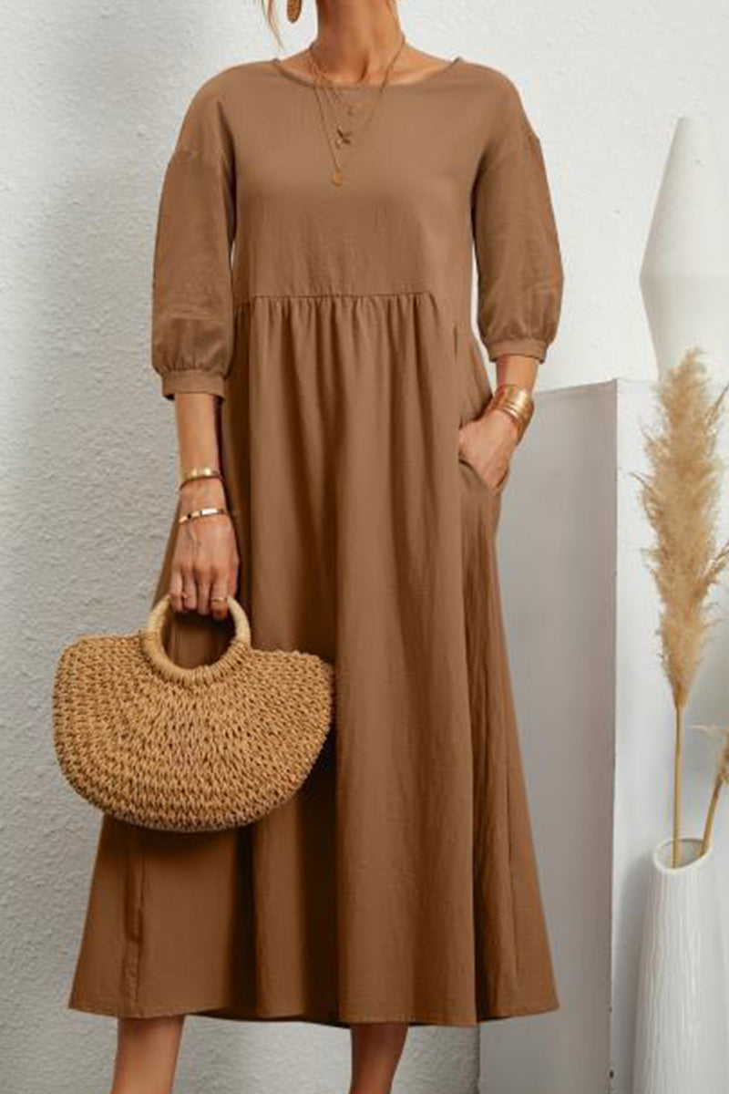 Vestidos casuales de color sólido con cuello redondo y corte A