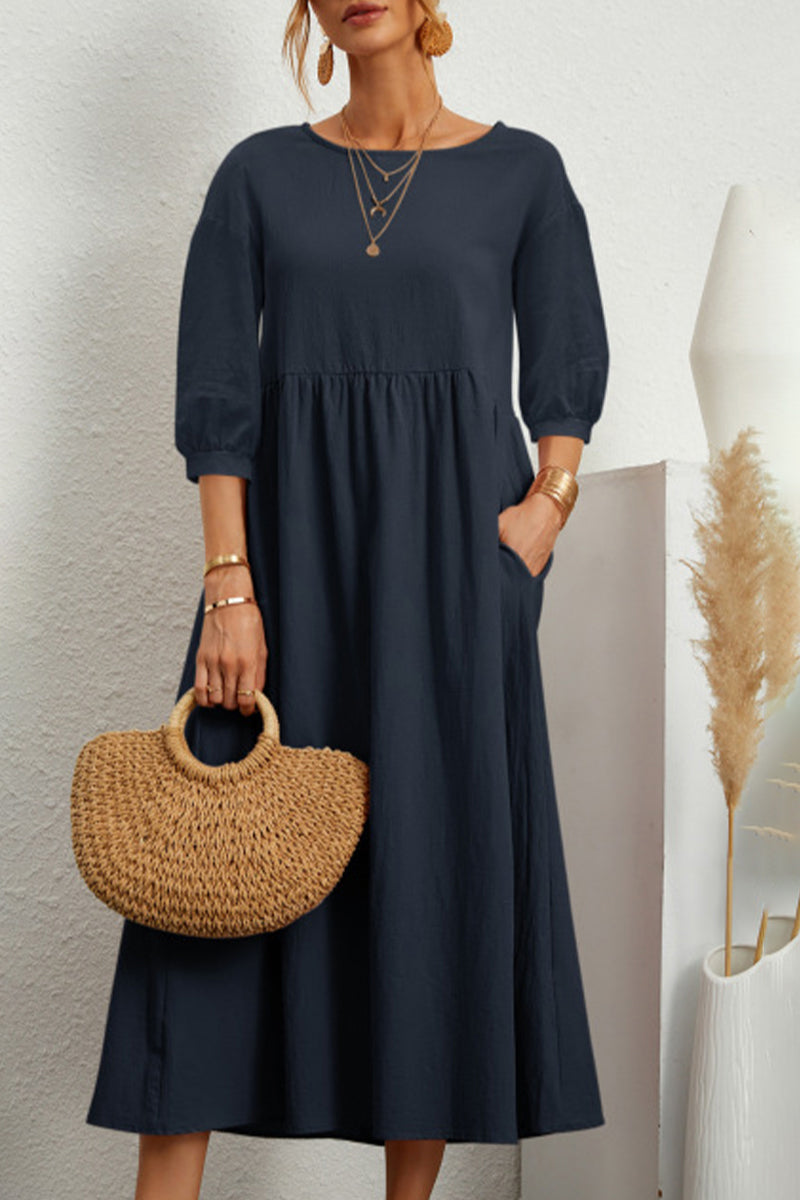 Vestidos casuales de color sólido con cuello redondo y corte A