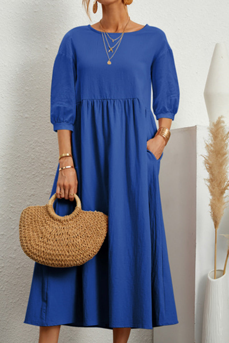 Vestidos casuales de color sólido con cuello redondo y corte A