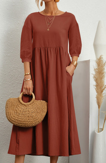 Vestidos casuales de color sólido con cuello redondo y corte A