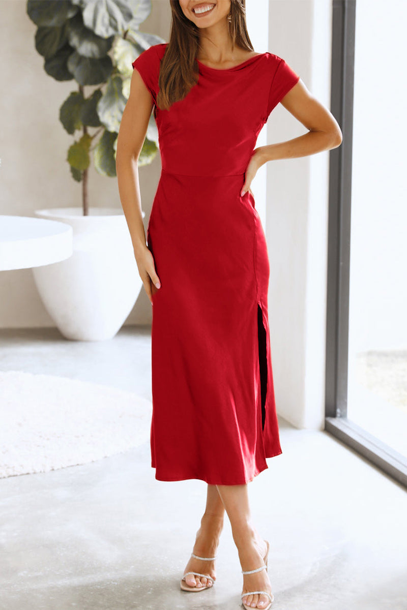 Vestidos elegantes de celebridades, de color sólido, con aberturas laterales, corte A (3 colores)