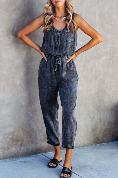 Mono vaquero holgado informal con estampado de patchwork, bolsillos y cuello en U, sin mangas
