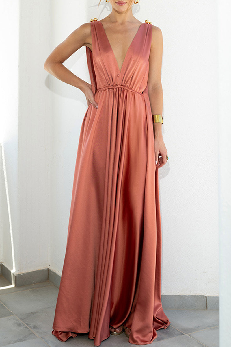Elegantes vestidos de vacaciones de color liso con escote en V y corte A