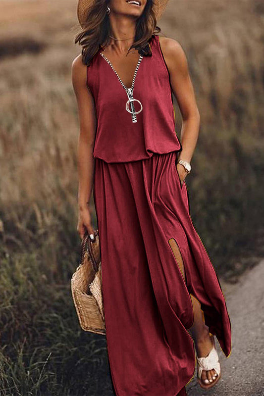 Vestido informal liso con abertura y cremallera en el escote en V (3 colores)