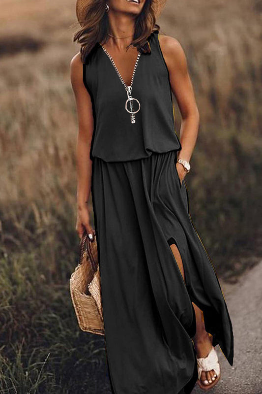 Vestido informal liso con abertura y cremallera en el escote en V (3 colores)
